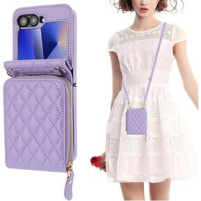 KIHUWEY for Samsung Galaxy Z Flip 6 Wallet Case, Crossbody Zipper Purse with Credit Card Slot Holder RFID Blocking PU Leather Adjustable Lanyard Detachable Strap Wrist for Women (Purple)