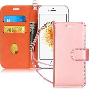 FYY Designed for iPhone SE Case 2016 (1st Generation) / iPhone 5 Case/iPhone 5s Case, Luxury PU Leather Wallet Phone with Card Holder Protective Shockproof Kickstand Case Cover Gold