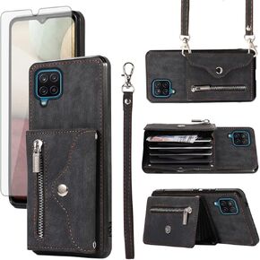 Phone Case for Samsung Galaxy A12/M12 Wallet Cover with Tempered Glass Screen Protector Wrist Crossbody Strap Shoulder Lanyard Credit Card Holder Stand Leather Cell A 12 5G A-12 S12 12A 4G Purple