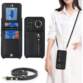 Samsung Galaxy A54 5G Case with Card Holder for Women, Galaxy A54 5G Phone Case Wallet with Strap Credit Card Slots Crossbody with Kickstand Zipper Shockproof Case for A54 5G - Black