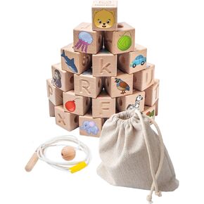 Bimi Boo Large Wooden Alphabet Lacing Beads for Toddlers - ABC Fine Motor Threading Toy with Objects & Animals (26 Stringing Blocks, 2 Ropes, Cotton Bag)