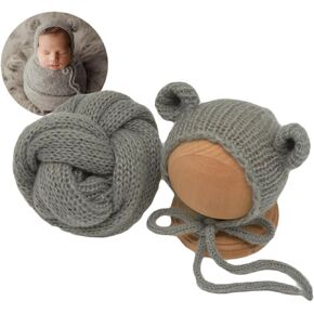 Zeroest Newborn Photography Wrap Bear Bonnet Baby Photoshoot Props Long Knit Textures Hat Infant Photographer Picture Outfits