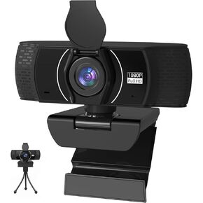 Webcam for PC 1080P Autofocus with Microphone,Computer Camera 110° Field of View Streaming Camera with Cover Tripod Auto Light Correction Webcams for Zoom,Video Call, Skype,Teams