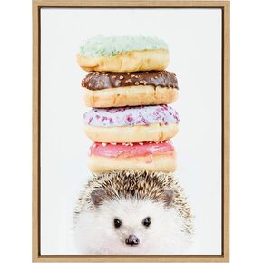 Sylvie Hedgehog Donuts Framed Canvas Wall Art By Amy Peterson, 18x24 Natural, Cute Baby Animal Portrait For Living Room, Bedroom, Or Nursery