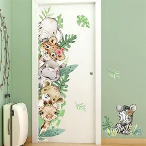 Jungle Animals Wall Decals Green Leaves Forest Animals Door Stickers Tiger Elephant Zebra Safari Wall Stickers Baby Nursery Kids Bedroom Classroom Daycare Wall Decor 25.6in*35.4in