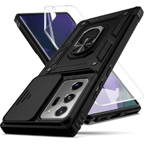 for Note 20 Ultra Case,with Camera Lens Cover HD Screen Protector,[Military Grade] Ring Car Mount Kickstand Hybrid Hard PC Soft TPU Shockproof Protective Case for Galaxy Note 20 Ultra, Black