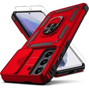 for Samsung Galaxy S21 Case,with Camera Lens Cover HD Screen Protector,[Military Grade] Ring Car Mount Kickstand Hybrid Hard PC Soft TPU Shockproof Protective Case for Galaxy S21, Red