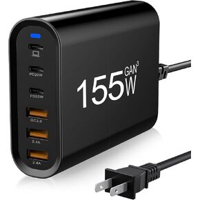 USB C Charger,155W USB C Charging Station Laptop Charger 6-Port Portable USB C Wall Fast Charger USB C Power Adapter for MacBook Pro/Air,iPad Pro,iPhone 14/13/Mini/Pro/13Pro Max/12 Samsung Galaxy more