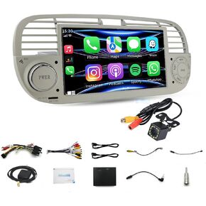 7" Touch Screen Car Radio Wireless Carplay&Android Auto Mirror Link GPS WiFi Support Reverse Video Bluetooth FM Rear USB Android System 1+32G Compatible with Fiat 500+12LED Camera