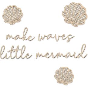 Make Waves Little Mermaid Wall Decor, Artistic Mermaid Room Decor for Girls, Wooden Nursery Wall Decorations, Elegant Shells and Mermaid Boho Wall Art for Girl Bedroom, Living Room