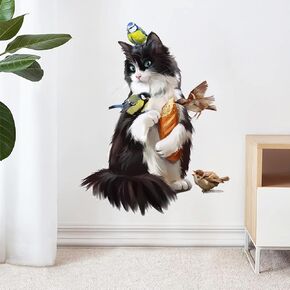 Watercolor Kitty Wall Decals Cat Feeding Birds Wall Stickers Kids Wall Sticker Girls Bedroom Playroom Nursery Wall Decor Art