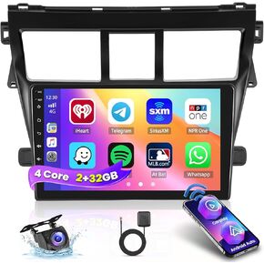 2+32G Android 13 Car Stereo Radio for Toyota Yaris Vios 2007-2012, 9'' HD Touch Screen with Wireless CarPlay Android Auto, AHD Backup Camera, Mirror Link, GPS, WiFi, DSP