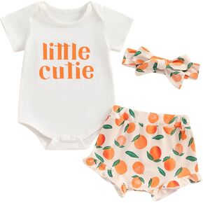 Newborn Baby Girl Shorts Set Little Cutie Outfits Strawberry/Orange Short Sleeve Romper Frill Trim Shorts Headband