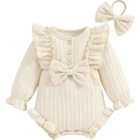 ZAXARRA Infant Baby Girls Fall Outfits Button Front Ruffle Long Sleeve One piece Rompers Cute Newborn Headband Clothing Sets