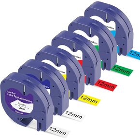 6Pack Compatible for DYMO LT100H LT100T LetraTag Refills Plastic Label Tape 16952 91331 91332 91333 91334 91335 Black on Clear/White/Yellow/Red/Green/Blue, 12mm x 4m (1/2" x 13')