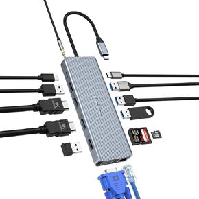 14 in 1 USB C Docking Station, USB C Hub with Triple Display(2xHDMI,VGA) 6XUSB Ports, Gigabit LAN, SD/TF Reader, Audio Used for Mac Air/Pro and Surface Pro