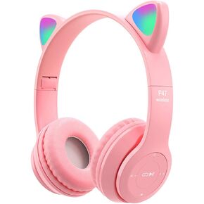 Kids Headphones, Cat Ear LED Light Up Bluetooth 5.0 Foldable Wireless Gaming Headset for Kids Adult, Comfortable Built-in Mic Noise Cancelling Over Ear Headphones(Pink)