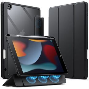 JETech Detachable Case for iPad 9/8/7 (10.2-Inch, 2021/2020/2019 Model, 9th/8th/7th Generation) with Pencil Holder, Removable Magnetic Cover Trifold Stand Clear Back, Auto Wake/Sleep (Black)