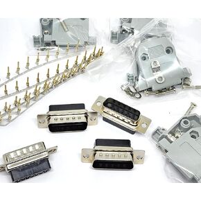 4 Sets Crimp Type DB15 Male + Plastic Hoods + Pins Set, D-Sub 15P Male Crimp Connector, Pin & Hood Kit (4 DB15 Male + 4 Hoods + 60 Pins)