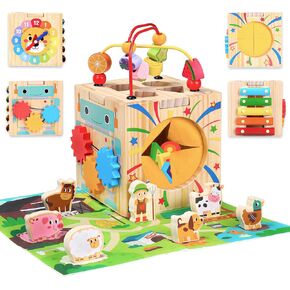 Wooden Activity Cube with Map Farm Game and Mystery Box for Kids, Montessori Toys for 1+ Year Old Toddlers, One Year Old First Birthday Gift, Educational Toys for 12+ Months Baby Boys Girls