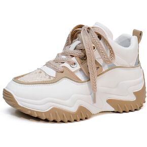 Women's Leather Hollow Increasing Platform Casual Sneakers Lace Up Non-Slip Shock Absorbing Heighten Hiking Shoes Summer Fashion Round Toe Breathable Dad Shoes