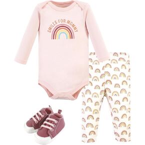 Hudson Baby Unisex Baby Cotton Bodysuit, Pant and Shoe Set, Sunshine Rainbows, 0-3 Months