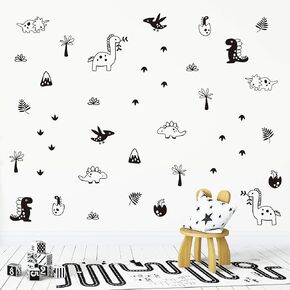 Dinosaur Wall Decals Peel and Stick for Kids, Baby Bedroom Nursery and Living Room, Prehistoric, Dino Rex, Plants, Leaf Vinyl Wall Stickers Decor (Black)