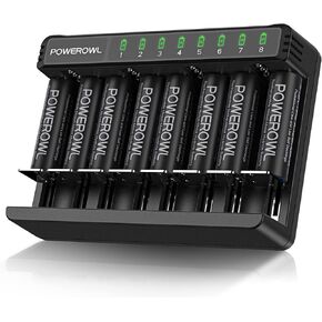 POWEROWL Rechargeable AA Batteries Kit - 8 Pack 2800mAh High Capacity Low Self Discharge NiMH Double A Battery with 8 Independent Slots Charger