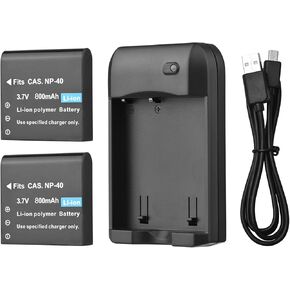 NP-40 Battery Charger with LED Indicator Light + 2 x NP-40 3.7V 800mAh Batteries with USB Charging Cable