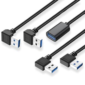 90 Degree USB 3.0 Extension Cable (4 Pack), Vertical Up and Down Angle, Horizontal Left and Right Angle USB Male to Female Extender Cord (Black, 30CM)