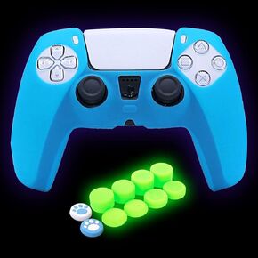 Blue Controller Skin Silicone Grip Glow in Dark Protective Case Compatible with PS5 Controller with 8 Glow in The Dark Thumb Grips Caps + 2 Cute Cat Paw Thumb Grips Caps.