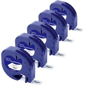 Bigger Compatible Label Tapes Replacement for Dymo LetraTag Refills, Plastic Tape 16952 Black on Clear Label Tape used with DYMO LetraTag Plus LT-100H LT-100T, 1/2 Inch x 13 Feet, 12mm x 4m, 5-Pack