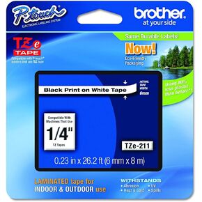 Brother P-Touch TZE-211 Label Tape 1, 1/4" (0.23") Standard Laminated Tape, Black on White, for Indoor or Outdoor Use, Water Resistant, 26.2 Feet (8M), Pack of 6
