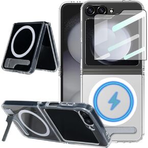 حافظة لهاتف Galaxy Z Flip 6، متوافقة مع Magsafe، مسند معدني مدمج وحلقة مغناطيسية قوية، حافظة هاتف حماية من الدرجة العسكرية من PC+TPU لهاتف Samsung Galaxy Z Flip6 (جراب شفاف)