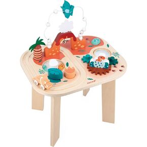 Janod Dino - Dinosaur Activity Table - 8 Activities in One - Includes Push Track, Stacking Toys, Bead Maze, and Gears - Ages 12 Months+ - J05825