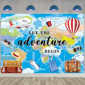 Adventure Awaits Backdrop Travel Theme Photography Backdrop Let The Adventure Begin Banner World Map Graduation Travel Birthday Baby Shower Party Decorations Background (7X5FT(82x59inch))