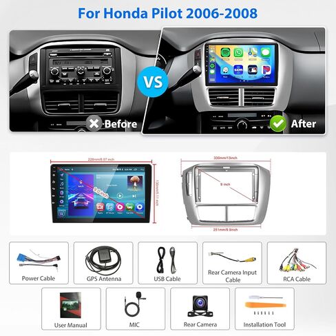 راديو ستيريو للسيارة 2G 64G Android لهوندا بايلوت 2006 2007 2008 Carplay Android Auto، Rimoody 9 بوصة تعمل باللمس مرآة وصلة بلوتوث FM/RDS GPS واي فاي HiFi SWC كاميرا احتياطية in Saudi Arabia