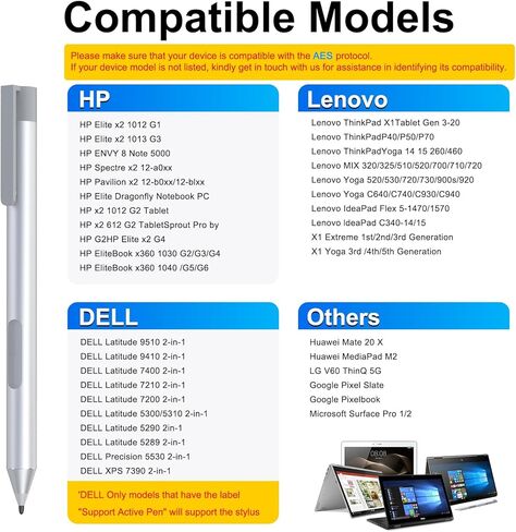 قلم شاشة لـ HP EliteBook x360 G6/G5/G4/G3/G2، HP Elite x2 G4/1013 G3/1012 G2/1012 G1، HP ProBook G1/G2، HP Pavilion x2 12-b0xx/b1xx، HP Spectre x2 12- a0xx، قلم AES 1.0، فضي in Kuwait