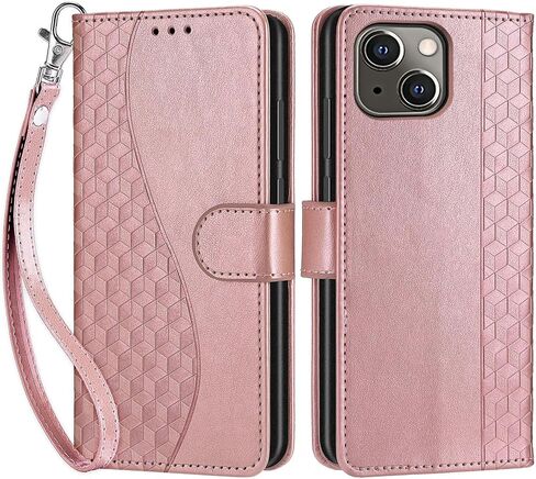 حافظة مصممة لهاتف iPhone 13/iPhone 14، غطاء قابل للطي للسيدات مع حامل من جلد البولي يوريثان المنقوش وفتحات لبطاقات الائتمان وحزام المعصم لهاتف iPhone 13 و14 مقاس 6.1 بوصة (ذهبي وردي) in Kuwait