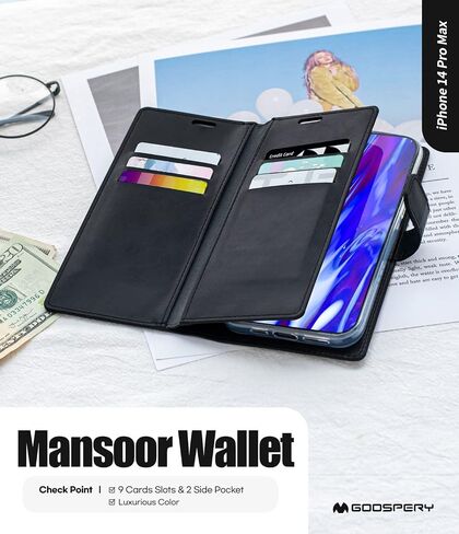 GOOSPERY Mansoor Wallet Designed for iPhone 14 Pro Max Case [9 Card Slots+2 Extra Side Pocket] Double Sided Multi-Slot Inner Flap Card Holder Ample Storage Flip Phone Cover - Black in Saudi Arabia