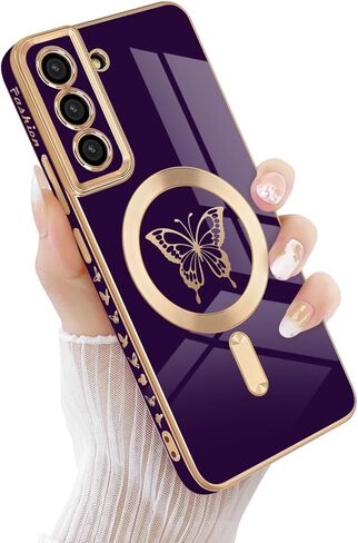 حافظة Newseego لهاتف Samsung Galaxy S22 Plus 5G مغناطيسية، حافظة حافة مطلية فاخرة على شكل فراشة لطيفة للنساء والفتيات والرجال، غطاء حماية كامل للكاميرا ناعم من مادة TPU مقاوم للصدمات لهاتف Samsung Galaxy S22 Plus-أرجواني in Kuwait