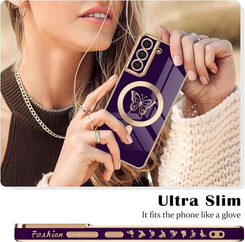 حافظة Newseego لهاتف Samsung Galaxy S22 Plus 5G مغناطيسية، حافظة حافة مطلية فاخرة على شكل فراشة لطيفة للنساء والفتيات والرجال، غطاء حماية كامل للكاميرا ناعم من مادة TPU مقاوم للصدمات لهاتف Samsung Galaxy S22 Plus-أرجواني in Kuwait