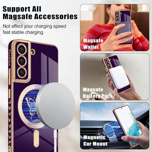 حافظة Newseego لهاتف Samsung Galaxy S22 Plus 5G مغناطيسية، حافظة حافة مطلية فاخرة على شكل فراشة لطيفة للنساء والفتيات والرجال، غطاء حماية كامل للكاميرا ناعم من مادة TPU مقاوم للصدمات لهاتف Samsung Galaxy S22 Plus-أرجواني in Kuwait