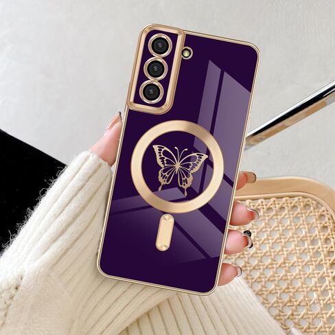 حافظة Newseego لهاتف Samsung Galaxy S22 Plus 5G مغناطيسية، حافظة حافة مطلية فاخرة على شكل فراشة لطيفة للنساء والفتيات والرجال، غطاء حماية كامل للكاميرا ناعم من مادة TPU مقاوم للصدمات لهاتف Samsung Galaxy S22 Plus-أرجواني in Kuwait