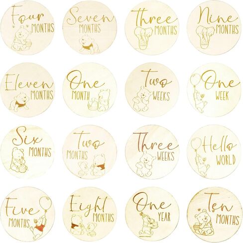 16PCS Baby Monthly Milestone Marker Wooden Discs Newborn Photo Props Compatible with Winnie The Pooh Baby Growth and Pregnancy Growth Cards 1-12 Months Baby Announcement Sign, Bear in Saudi Arabia