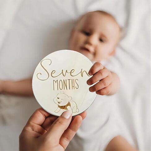 16PCS Baby Monthly Milestone Marker Wooden Discs Newborn Photo Props Compatible with Winnie The Pooh Baby Growth and Pregnancy Growth Cards 1-12 Months Baby Announcement Sign, Bear in Saudi Arabia