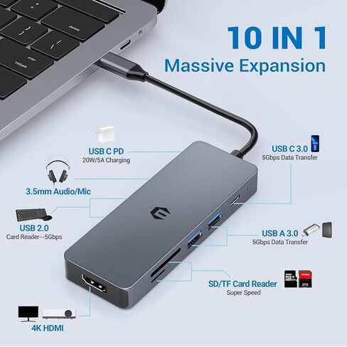 محطة إرساء USB C HOPDAY - موزع USB C 10 في 1 مع HDMI 4K لجهاز MacBook Pro/Air، محول من النوع C للكمبيوتر اللوحي وأجهزة الكمبيوتر المحمولة وSurface Pro (PD 100W، USB 3.0 5 جيجابت في الثانية، قارئ بطاقة SD/TF) in Saudi Arabia