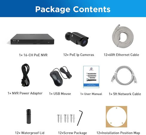 نظام كاميرا أمان GWSECU 16 قناة PoE، 4K 16 قناة NVR مع محرك أقراص ثابتة سعة 4 تيرابايت، 12 قطعة 5 ميجابكسل سلكية خارجية كاميرات IP رصاصة داخلية ميكروفون مدمج، رؤية ليلية بالأشعة تحت الحمراء 100 قدم، اكتشاف الأشخاص بالذكاء الاصطناعي، G51612P4B03 in Saudi Arabia