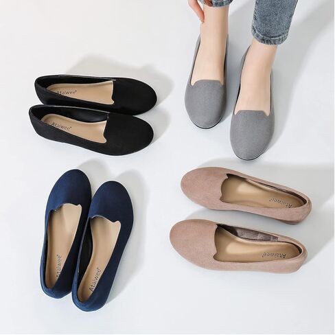 حذاء مسطح نسائي واسع العرض من Ataiwee - حذاء أسود بمقدمة مستديرة سهل الارتداء. in Kuwait