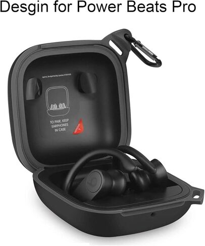 Anti Lost Carrying Protective Silicone Replacement Case for Beats Powerbeats Pro 2019 Full Body Protection Shockproof Powerbeats Charging Case Skin and Cover with Carabiner Black in Saudi Arabia